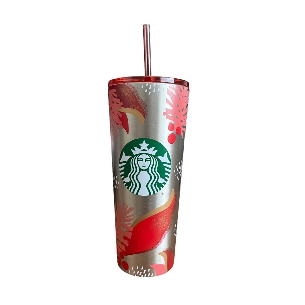 Starbucks Tumbler Stainless Steel Holiday Poinsettia Cold Only Venti Sil…